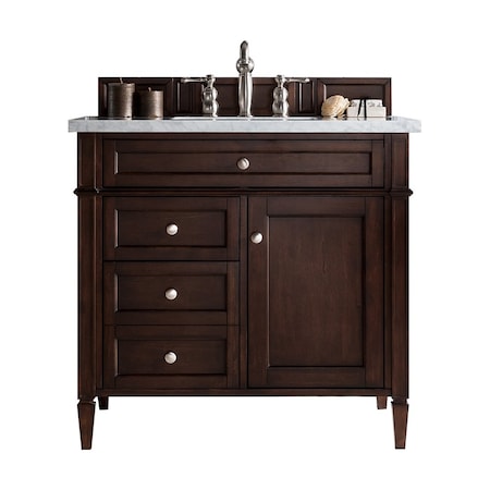 James Martin Vanities Brittany 36in Single Vanity, Burnished Mahogany w/ 3 CM Eternal Jasmine Pearl Quartz Top 650-V36-BNM-3EJP
